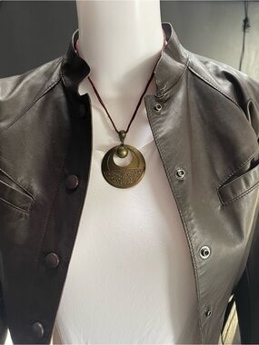 Vintage Brass Crescent Pendant Necklace with Brown Cord